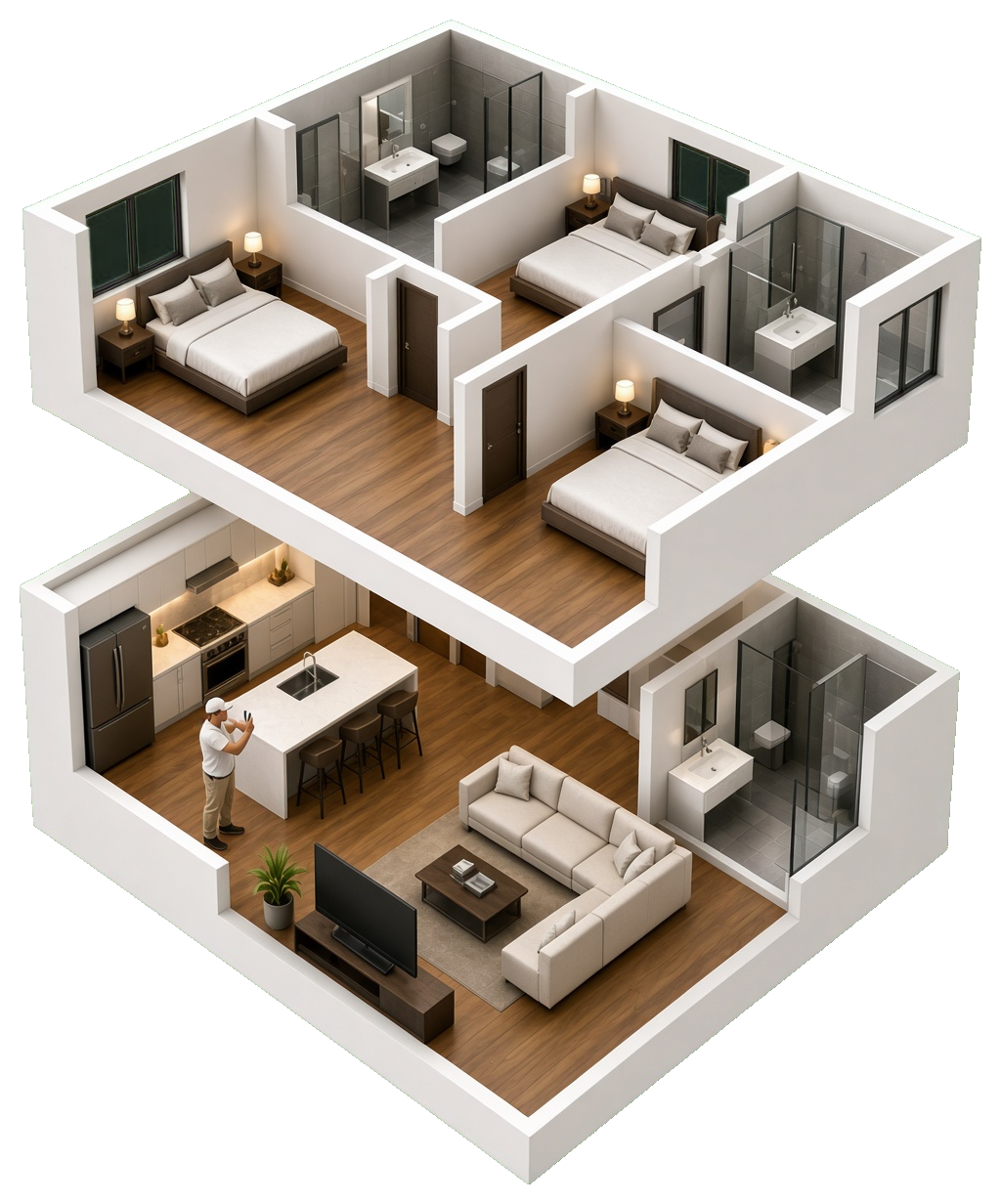 Cutaway view of a two-storey home with an inspector in the kitchen